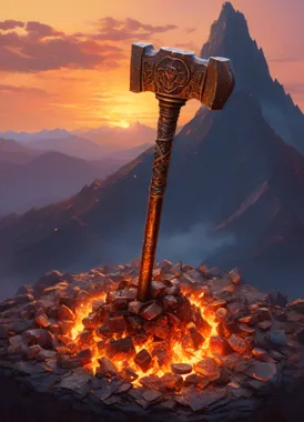 Runed warhammer standing upright in smoldering coals before a sunset mountain