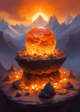 Glowing molten orb in a cracked stone bowl before sunset mountains