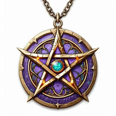 Bronze pentacle medallion over purple enamel on chain icon on white