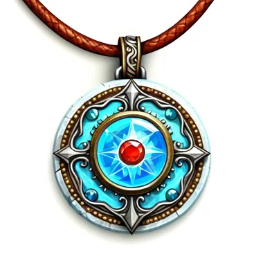Silver pendant with ice-blue gem and red center on leather cord icon on white