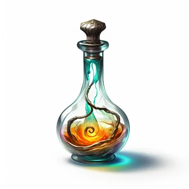 Glass potion bottle with swirling amber elixir and rootlike vine icon on white