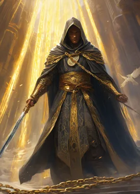 Hooded magus in gold-trimmed robes bathed in shafts of golden light