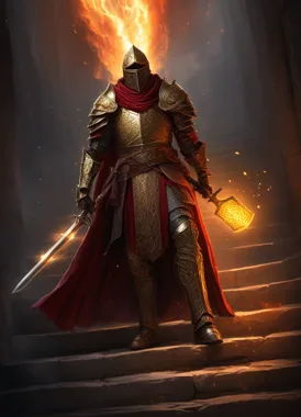 Gold-armored paladin holding a glowing lantern on torch-lit stairs