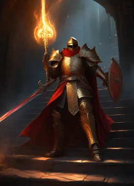Gold-armored paladin with flaming sword descending stone stairs