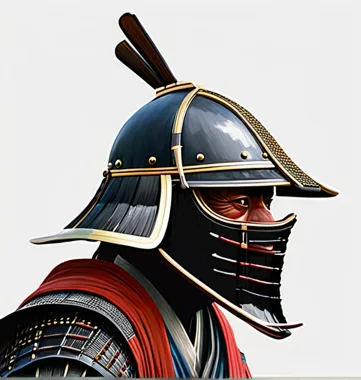 Black and gold samurai kabuto helmet with face mask on white
