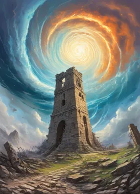 Crumbling stone watchtower under a swirling orange and blue sky