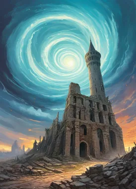 Ruined stone spire beneath a spiraling teal sky vortex
